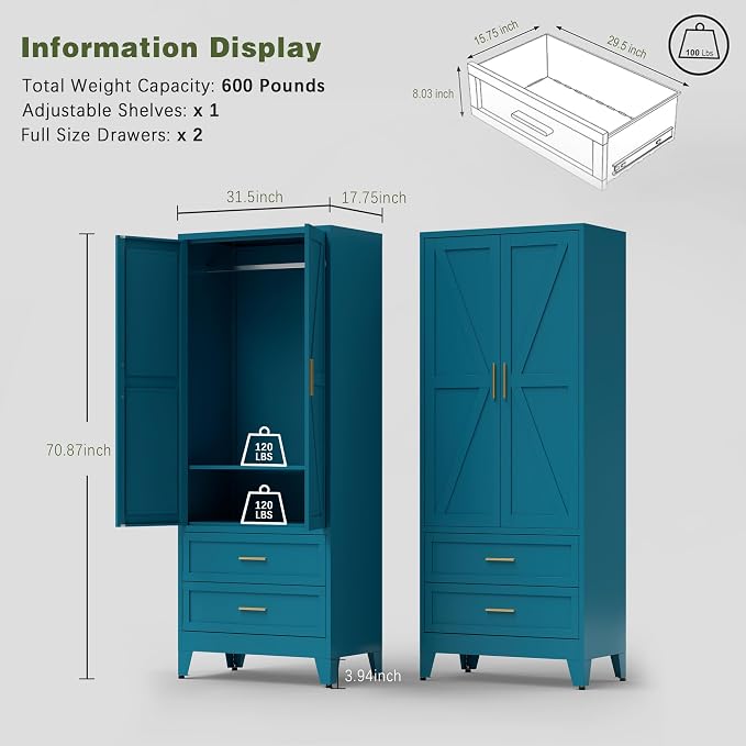 COFaR Metal Wardrobe Cabinet, 71 Farmhouse Armoire Wardrobe Closet - Image 3