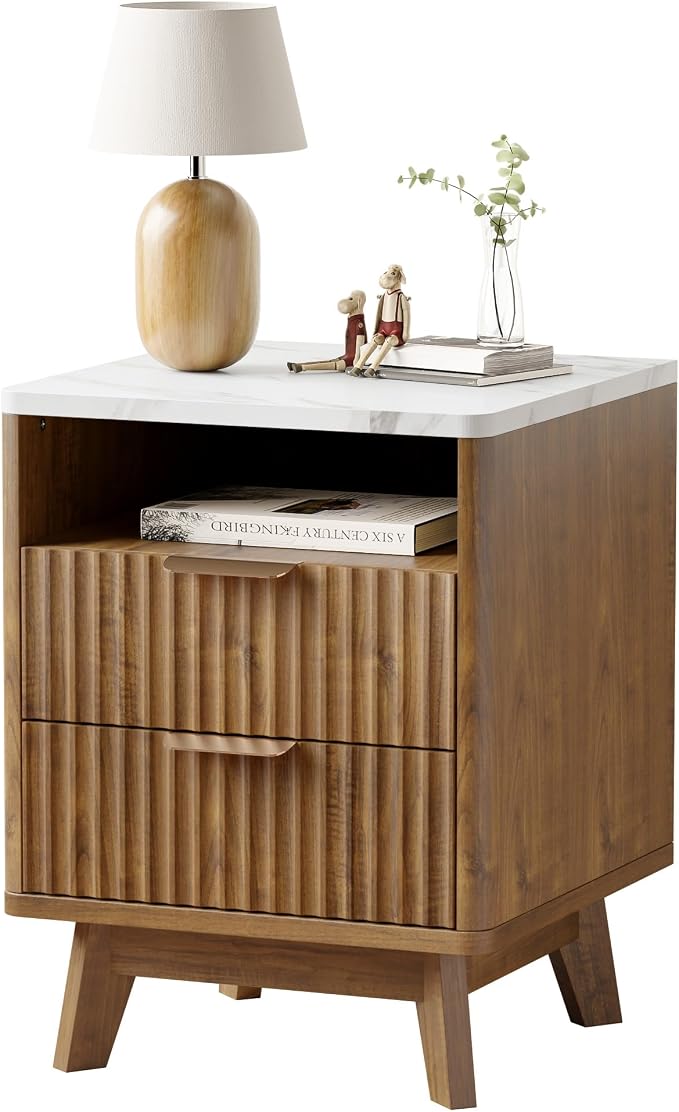 Fluted Nightstand with 2 Drawers, Open Storage Shelf, Curved Edge Bedside Table - Image 8