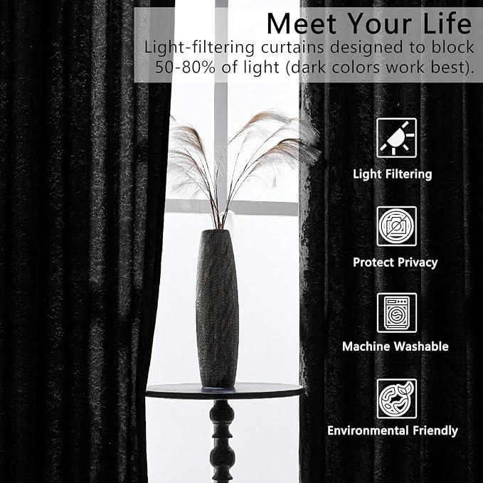 SMILETIME Black Crushed Velvet Curtains 52x96 inch Luxurious Thermal Insulated - Image 4