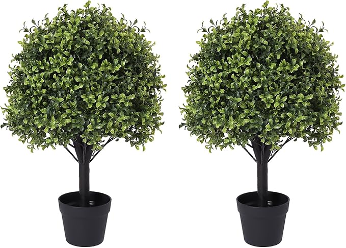 27“ Realistic Artificial Boxwood Topiary Trees Set of 2, Faux Plants Outdoor by Azoco