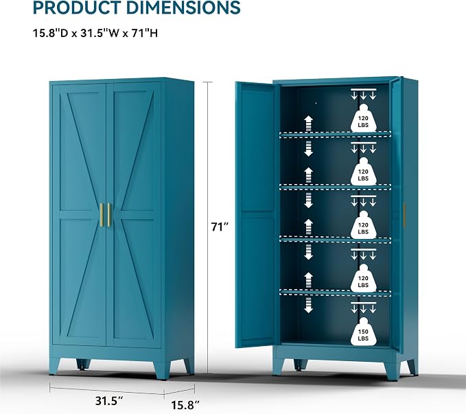 Farmhouse Pantry Cabinet with Barn Doors, 5-Tier Metal Storage Cabinet with 4 - Image 3