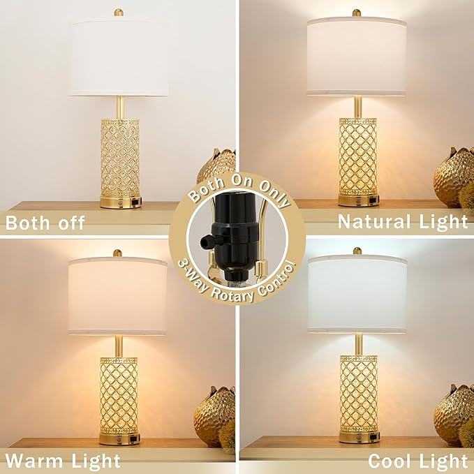 Crystal Table Lamp Set of 2-24in Gold Bedroom Lamps 3-Way Dimmable Touch Lamp - Image 3