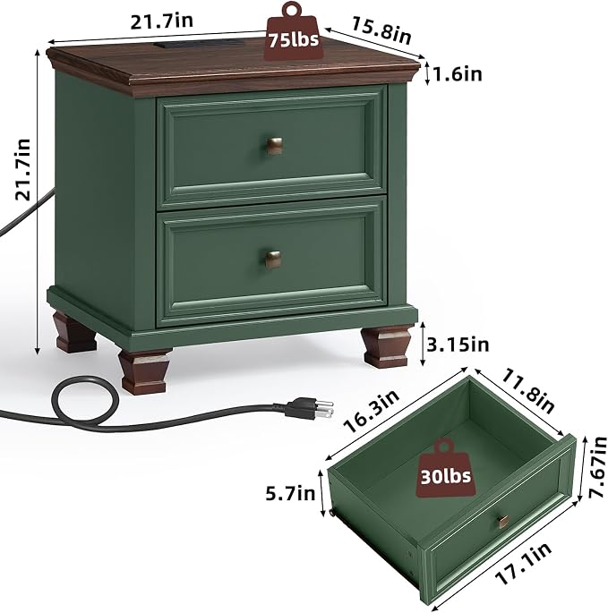 Farmhouse Nightstand Set of 2 for Bedroom, Mid-Century Low Nightstands - Image 2