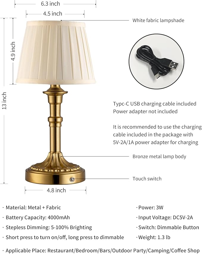 KDG Cordless Portables Table Lamp Set of 2, LED Fabric Shade Small Desk Lamps - Image 5