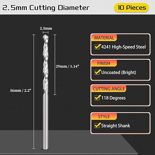 Drill Bit, 2.5mm Cutting Diameter, 4241 HSS 118° Cutting Angle Uncoated Bright - Image 2