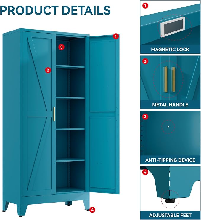 Farmhouse Pantry Cabinet with Barn Doors, 5-Tier Metal Storage Cabinet with 4 - Image 6