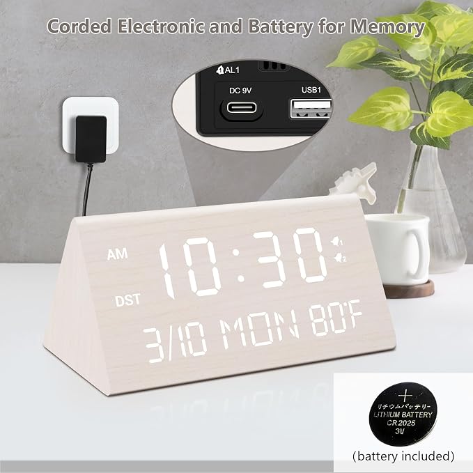 Kogonee Wooden Digital Alarm Clock, 0-100% Dimmer, 2 Alarm Settings, - Image 2