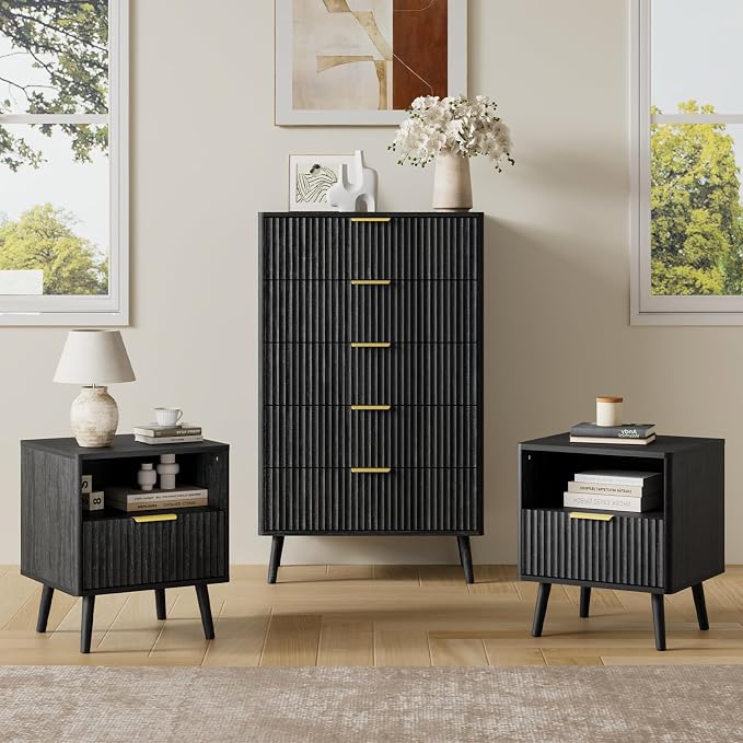 LYNSOM Fluted Dresser and Nightstand Sets 3 Piece, 5-Drawers Dresser and by LYNSOM