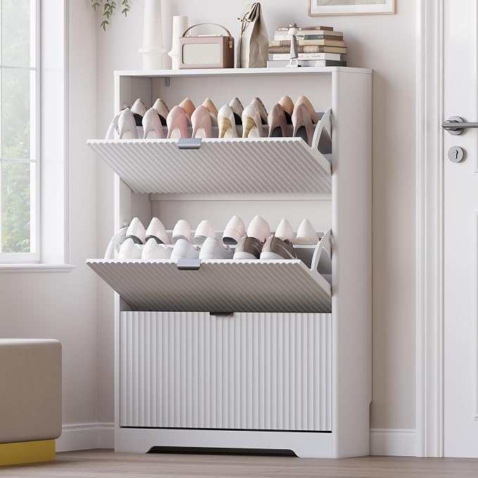 Entryway Shoe Cabinet with 3 Flip Drawers, Narrow Shoe Organizer Cabinet with by BORNOON
