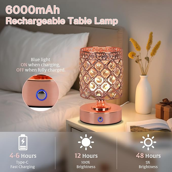 TOBUSA Crystal Rechargeable Cordless Table Lamps Set of 2, Wireless Lamps - Image 4