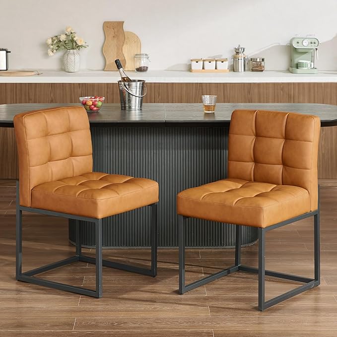 Brown Faux Leather Dining Chairs Set of 2, Mid-Century Modern Dining Room Chairs by GrandNoor