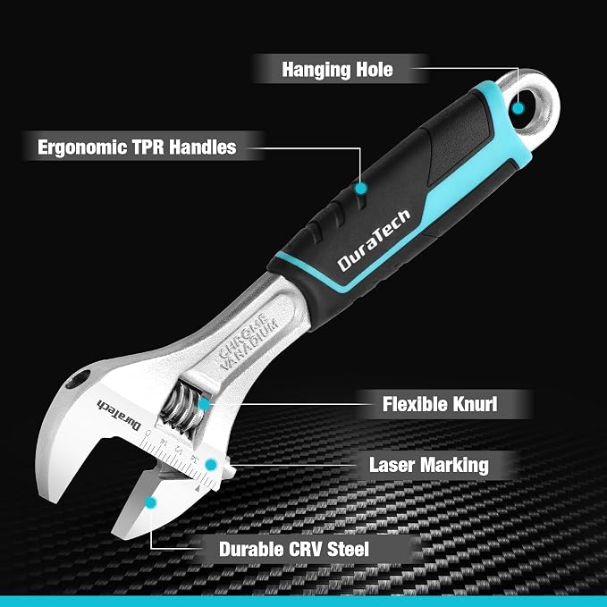 DURATECH 8-Inch Adjustable Wrench, Cr-V Steel Wrench, Wide Jaw Wrench, Metric & - Image 3