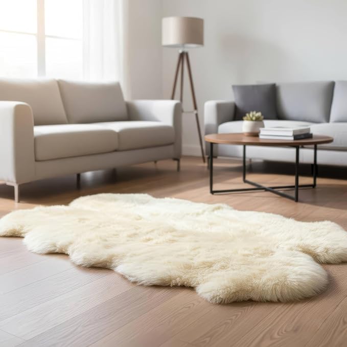 Premium Genuine Sheepskin Rug 4x6 ft, Real Fluffy Quad Pelt, Natural Fluffy Fur by SuperAreaRugs
