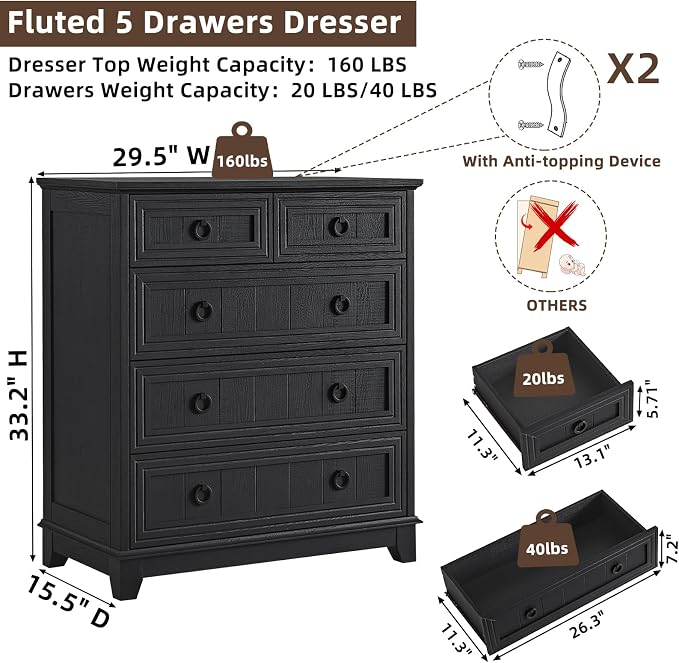 Farmhouse 5 Drawer Dresser for Bedroom, 33.2" Tall Small Dressers & Chest of - Image 2