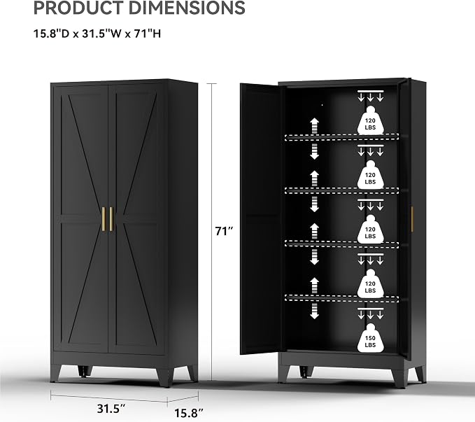 Farmhouse Pantry Cabinet with Barn Doors, 5-Tier Metal Storage Cabinet with 4 - Image 3