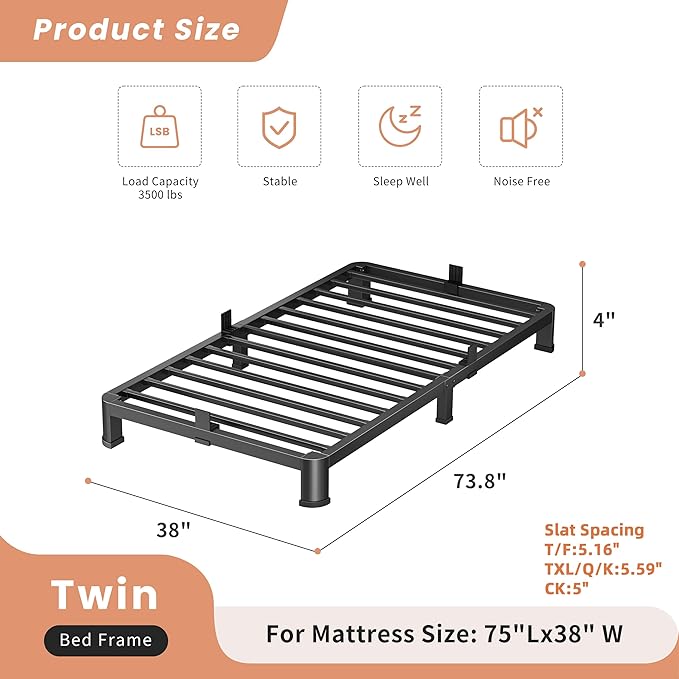 4 Inch Twin Heavy Duty 3500 lbs Bed Frame - Image 3