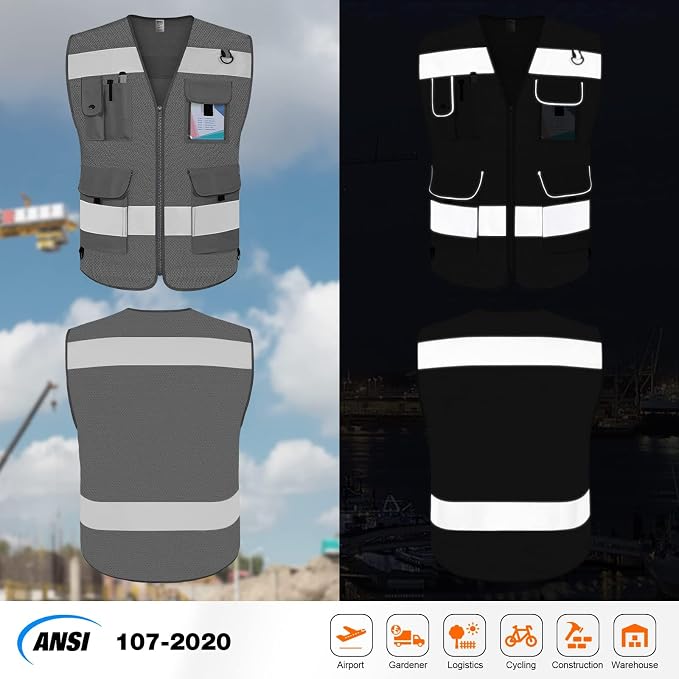 TCCFCCT Mesh Grey Safety Vest for Men Women 9 Pockets High Visibility Vest for - Image 2