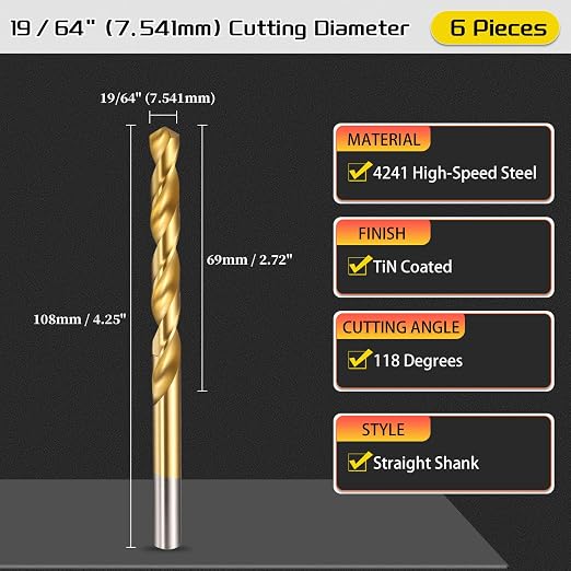 Drill Bit, 19/64" Cutting Diameter, 4241 HSS TiN Coated 118° Cutting Angle - Image 2