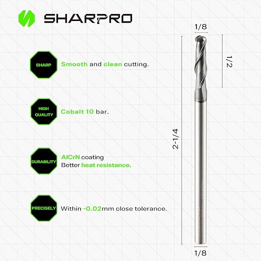 Carbide Ball Nose End Mills 2 Flute 1/8 Inch SHK. and Cutting Dia. 3D Carving - Image 2