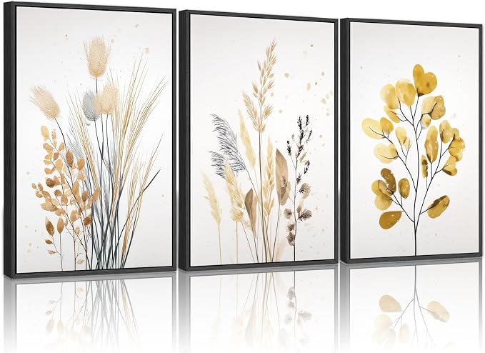 YCJKJDZ Framed Beige Botanical Canvas Wall Art Set of 3, Boho Watercolor by Unknown