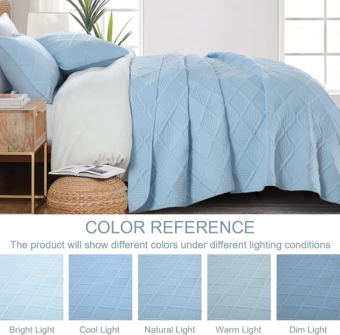 Yiran Ash Blue Quilt Set King Size, 3 Piece Reversible Bedspreads Bedding Set - Image 7