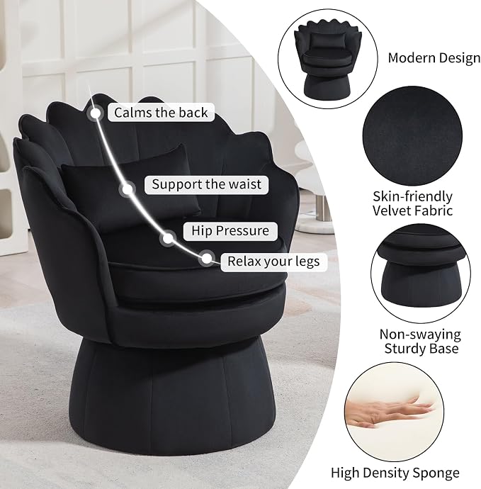 360° Swivel Accent Chair, Mid-Century Modern Velvet Barrel Chair, Comfy Shell - Image 4