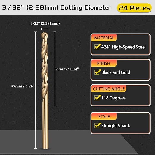 Drill Bit, 3/32" Cutting Diameter, 4241 HSS Black and Gold 118° Cutting Angle - Image 2
