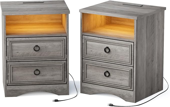 Large Nightstand Set of 2 with Drawers, 17.7"W Accent Night Stand with Charger by WelcometoHolliWill