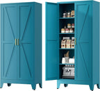 Farmhouse Pantry Cabinet with Barn Doors, 5-Tier Metal Storage Cabinet with 4 by YNIQUESTLEMetalCabinet