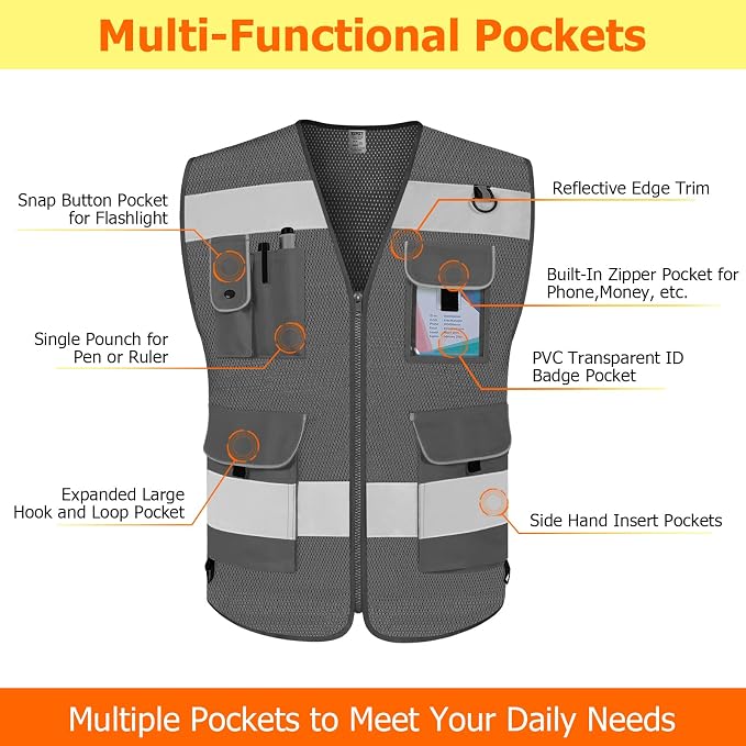 TCCFCCT Mesh Grey Safety Vest for Men Women 9 Pockets High Visibility Vest for - Image 3