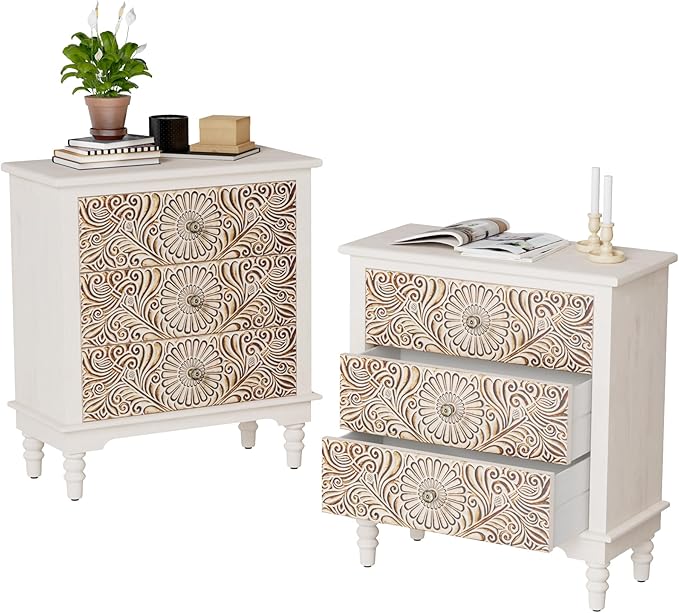COSIEST Bedside Table Set of 2, Wood Nightstand 3 Drawers, Farmhouse End Table by COSIEST