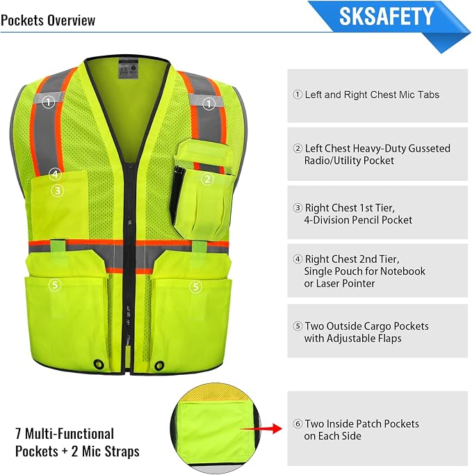 SKSAFETY 10 Pockets Professional Safety Vest, Class 2 High Visibility, - Image 4