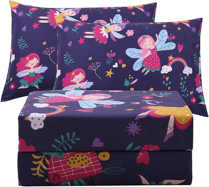 JSD Purple Fairy Kids Sheet Set Full Size, 4 Piece Girls Floral Printed by JSD