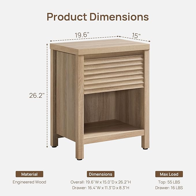 SICOTAS Fluted Nightstands Set of 2-19.6" Wide Wooden Night Stand - Image 2