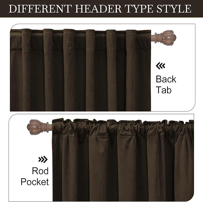 RYB HOME Brown Velvet Curtains 96 inches, Back Tab Soft Fabric Room Darkening - Image 2