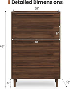 48" Tall Walnut Dresser for Bedroom, Mid-Century Modern 5 Drawer Chest of - Image 2