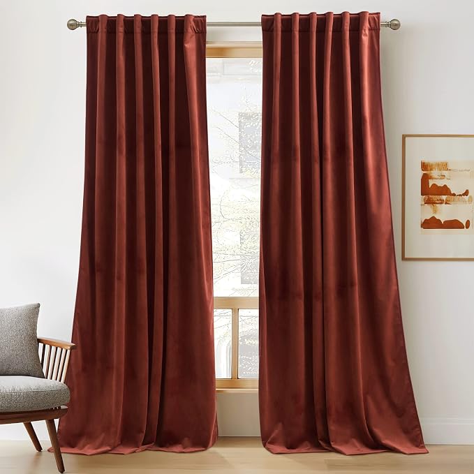 RYB Home Rust Red Velvet Curtains 90 inches Long, Thermal Insulated Panel by RYBHOME