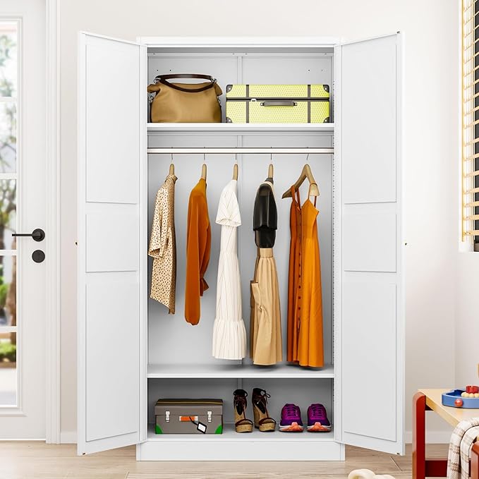 Metal Wardrobe Cabinet with Hanging Rod, Metal Clothing Storage Cabinet with - Image 2