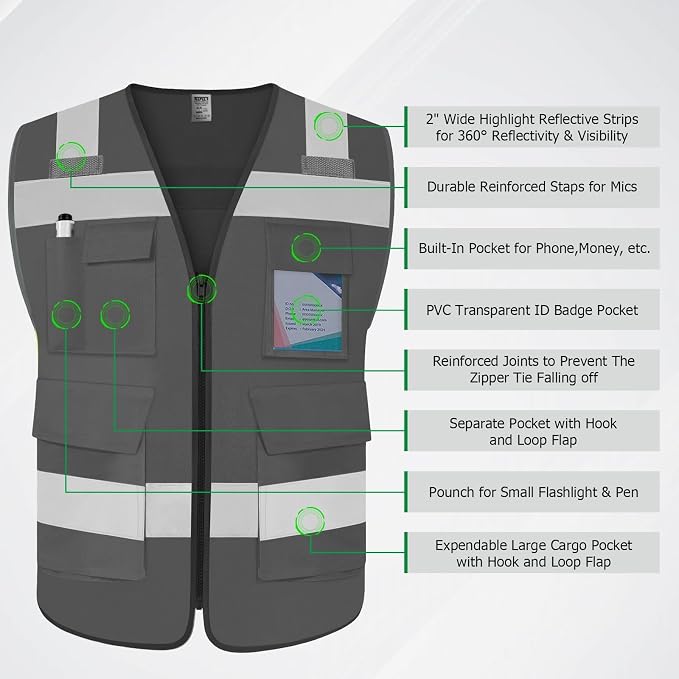 TCCFCCT Safety Vest for Men Women 5 Pockets Reflective Vest - Image 3