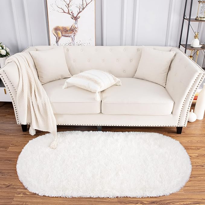 Noahas Fluffy Cream White Rugs for Bedroom Living Room, 2.6'X5.3' Oval Throw - Image 2
