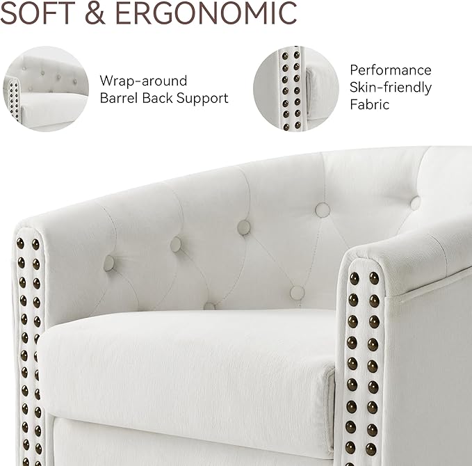 Swivel Barrel Accent Chair, Round Nailhead Chenille Fabric Living Room Arm - Image 3