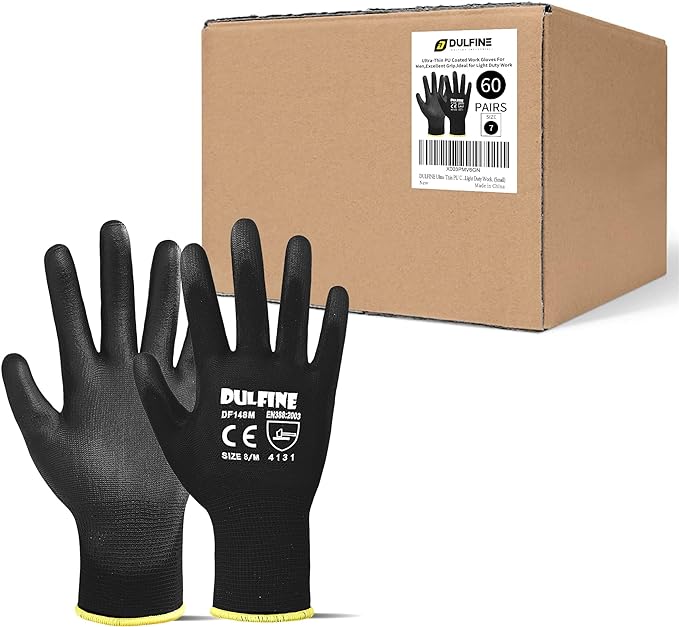 DULFINE Ultra-Thin PU Coated Work Gloves-60 Pairs, Excellent Grip, Nylon Shell by DULFINE