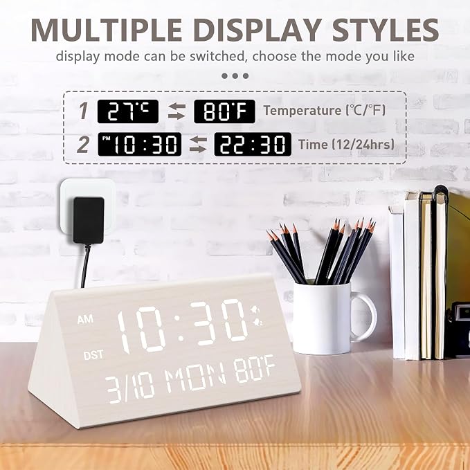 Kogonee Wooden Digital Alarm Clock, 0-100% Dimmer, 2 Alarm Settings, - Image 6