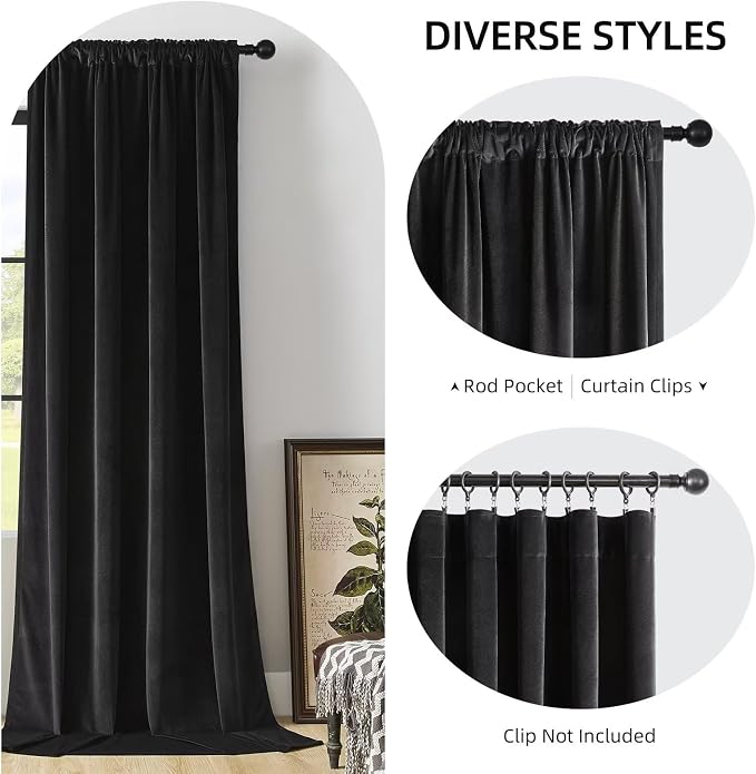 Joydeco Black Velvet Curtains 96 inch Length 2 Panels, Luxury Blackout Rod - Image 2