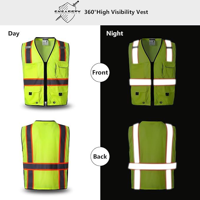 SKSAFETY 10 Pockets Professional Safety Vest, Class 2 High Visibility, - Image 2