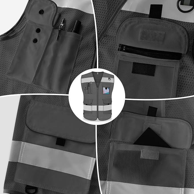 TCCFCCT Mesh Grey Safety Vest for Men Women 9 Pockets High Visibility Vest for - Image 4