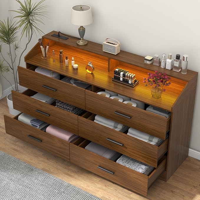 6 Drawer Dresser with Power Outlet, Chest of Drawers with LED Light, Modern - Image 5