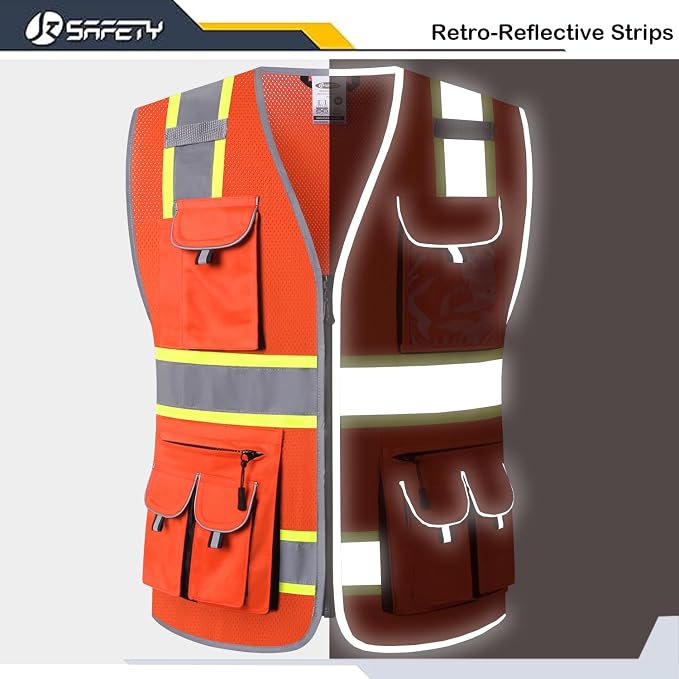 JKSafety 10 Pockets Hi-Vis Neon Color Frontal Zipper Mesh Safety Vest - Image 2