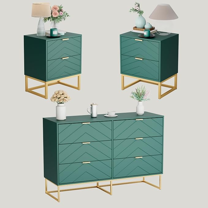 Anbuy 3 Pieces Bedroom Sets, 6 Drawer Dresser and Nightstand Sets by Anbuy