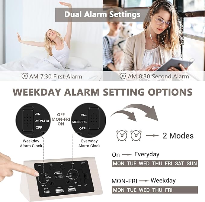 Kogonee Wooden Digital Alarm Clock, 0-100% Dimmer, 2 Alarm Settings, - Image 4